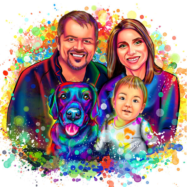 عائلة ألوان مائية مع صورة حيوان أليف من الصور