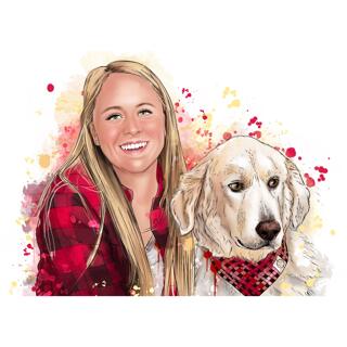 Owner with Dog Watercolor Natural Style Portrait Drawing from Photos