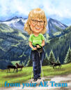 Retrato de caricatura de pessoa de cabeça e ombros em estilo de cores com fundo de montanha