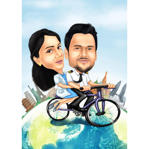 Caricatura de casal em bicicleta para viajantes mundiais em estilo de cores a partir das fotos
