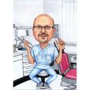 Caricatura de dentista sentado en una silla con fondo de oficina