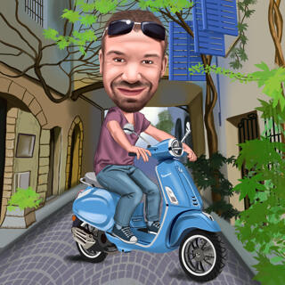 Riding Motorcycle Moped Cartoon from Photos in Colored Digital Style