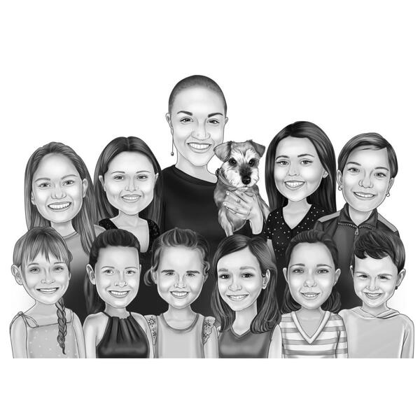 Caricature de groupe de classe en noir et blanc : enfants avec dessin de l'enseignant