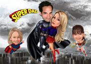 Superhero Family Colored Caricature Painting with New York Background from Photos