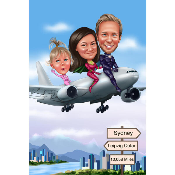 Familie op vliegtuigkarikatuur