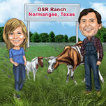 Caricature de couple d'agriculteurs dans un style coloré avec un arrière-plan personnalisé