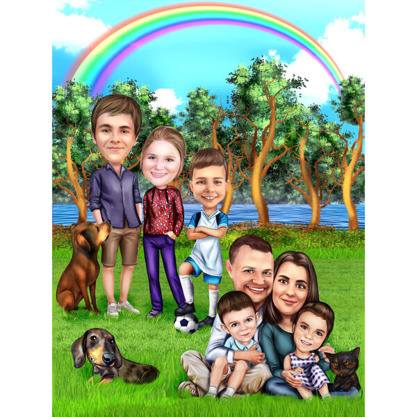 Anpassad familj med husdjur karikatyr på naturbakgrund från foton