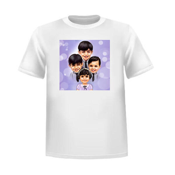Bērnu grupas karikatūra krāsainā stilā no fotoattēliem uz T-krekla apdrukas