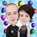 Cadeau d'art d'anniversaire de caricature de couple personnalisé avec fond de ballons