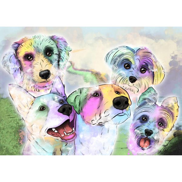 Suņi, kas šķērso varavīksnes tiltu - suņu piemiņas portrets akvareļu stilā