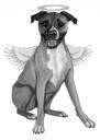 Мемориальный мультяшный портрет собаки в черно-белом стиле с ангельскими крыльями и ореолом