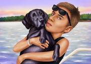 Owner with Pet Caricature in Color Style on Custom Background from Photos