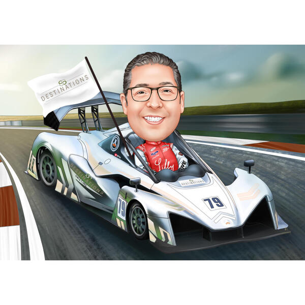 Caricature de pilote de voiture de course dans un style de couleur avec un arrière-plan personnalisé à partir d'une photo