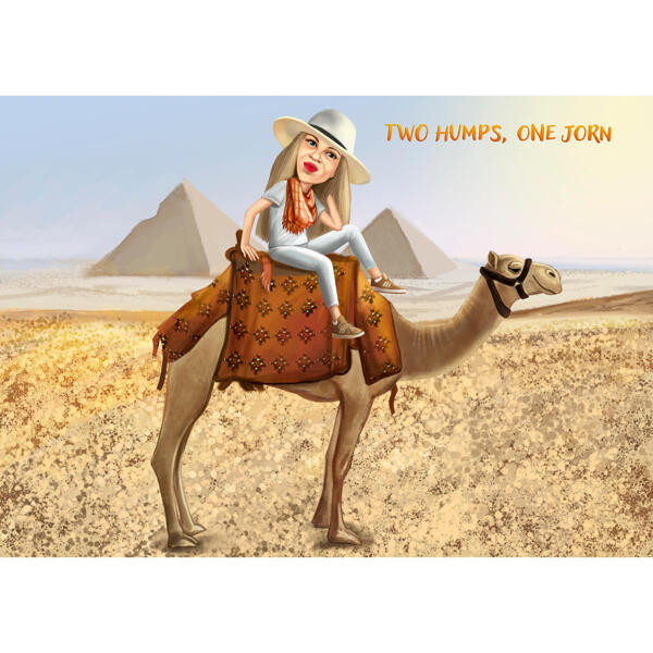Presente de caricatura colorida de camelo com fundo deserto