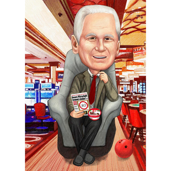 Disegno di caricatura a colori per tutto il corpo con sfondo personalizzato per gli amanti del bowling