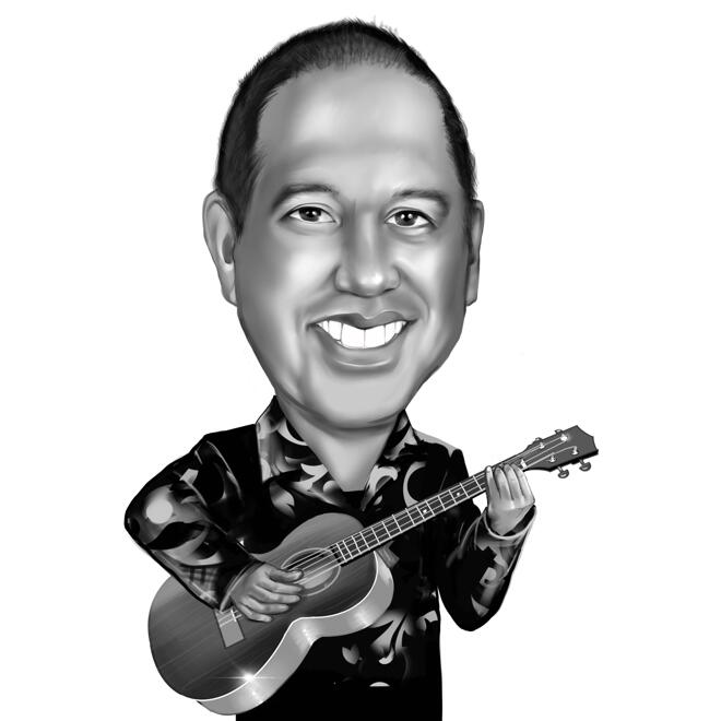 Head and Shoulders Guitar Player Cartoon Portrait in Black and White Style