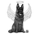 Koiran muistosarjakuva mustavalkoinen muotokuva enkelin siivet ja halo