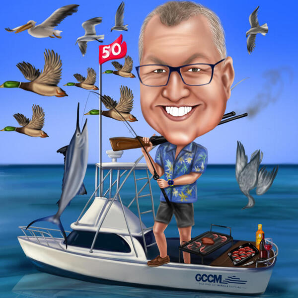 Dibujo de caricatura de pescador en barco