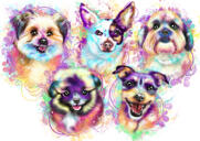 Desenho de retrato de cães em aquarela em tom pastel com fundo personalizado