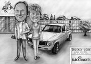 Couple in Car Caricature Hand Drawn in Black and White Digital Style