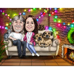 Paar auf der Couch mit Haustieren und Weihnachtsbeleuchtung