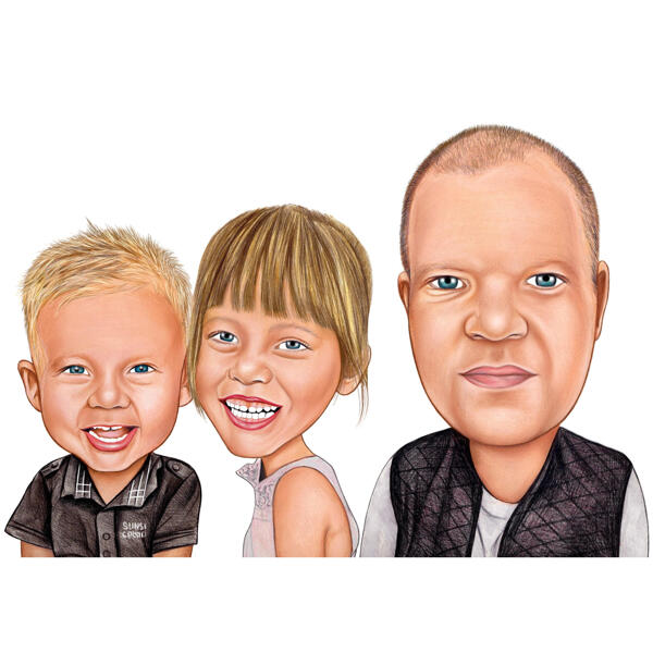 Father and 2 Children Cartoon Caricature Gift in Color Style from Photos