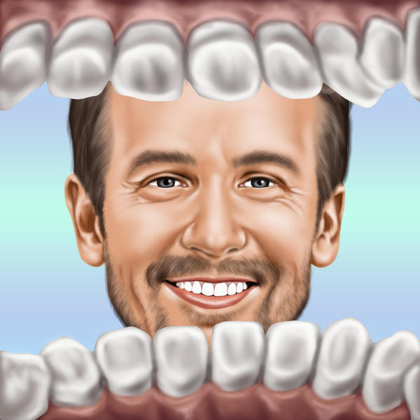 Tandläkare tittar genom tänder karikatyr