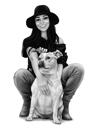 Owner with Pet Portrait - Black and White Sketch