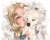 Custom Colored Style Owner with Pet Caricature with Watercolor Background