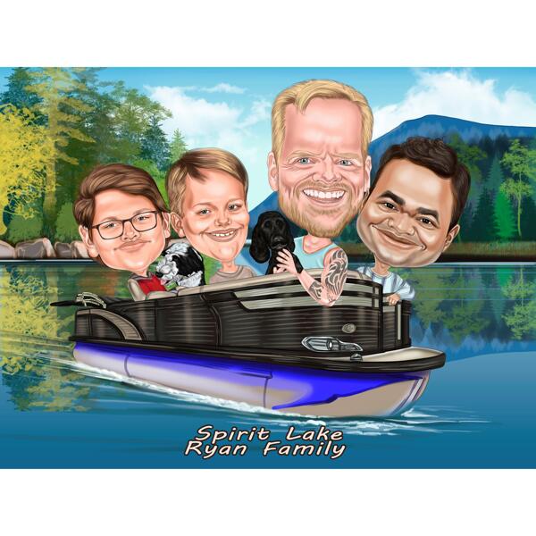 Caricatura exagerada de grupo com animais de estimação em barco