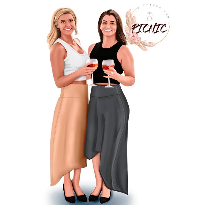 Портретный рисунок двух человек, любителей вина  в полный рост с фотографий