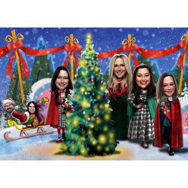 Skupina firemních zaměstnanců s digitálními kartami karikatury vánočního stromu v barevném stylu z fotografií