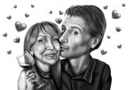 Beijo romântico na bochecha desenho de casal em estilo preto e branco