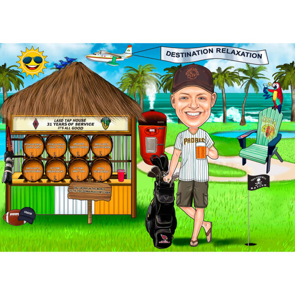 Caricatura de vacaciones personalizada con fondo de chiringuito