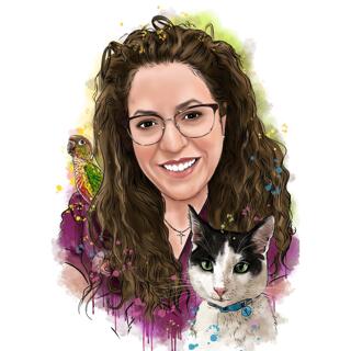 Owner with Pet and Bird Portrait in Natural Watercolor Style from Photos