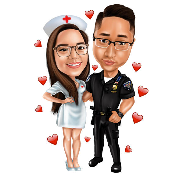 Desenho de casal policial e enfermeira
