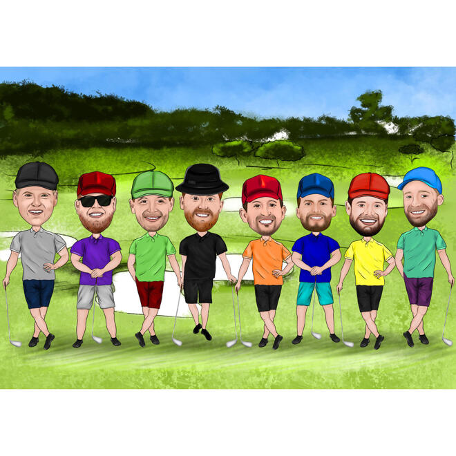 Caricature de groupe d&#039;amoureux du golf à partir de photos