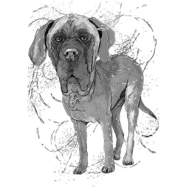 Pilns ķermenis, melns svina dogu suns karikatūras zīmējums no fotoattēla akvareļa stilā
