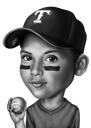 Caricature d'un enfant de baseball en noir et blanc