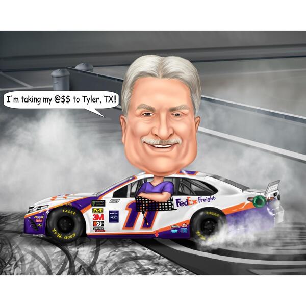 Man i rallybil tecknad karikatyrgåva med anpassad bakgrund