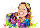 Woman+with+Pets+Exaggerated+Caricature+in+Color+Digital+Style+with+Custom+Background