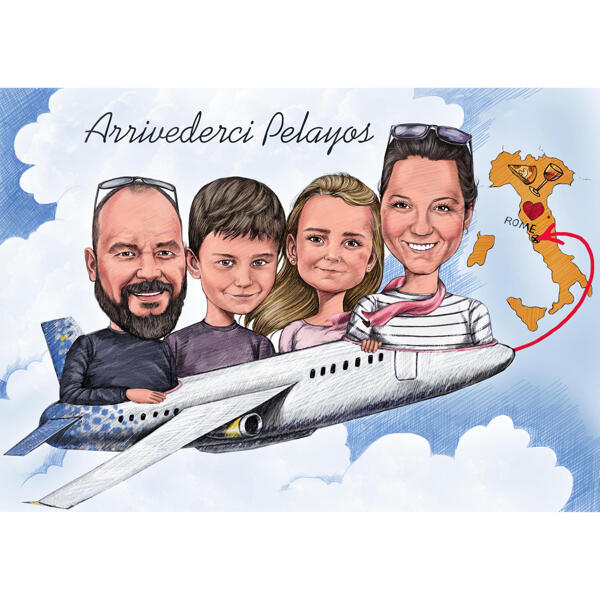 Familie op vliegtuigkarikatuurtekening van foto's