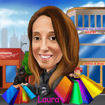 Winkeltijd - Karikatuur van vrouw met tassen uit foto's op aangepaste achtergrond