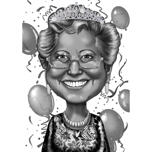 Presente de caricatura da vovó rainha de aniversário em preto e branco da foto