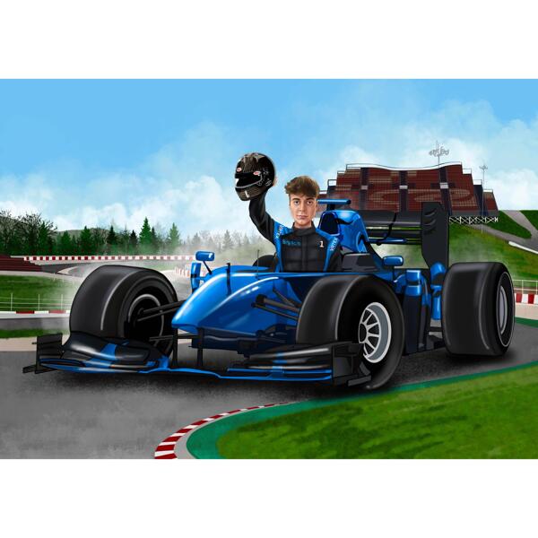 Racing Car Man-portræt i farvestil med brugerdefineret baggrund