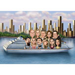 Dessin de caricature d'un groupe sur un yacht