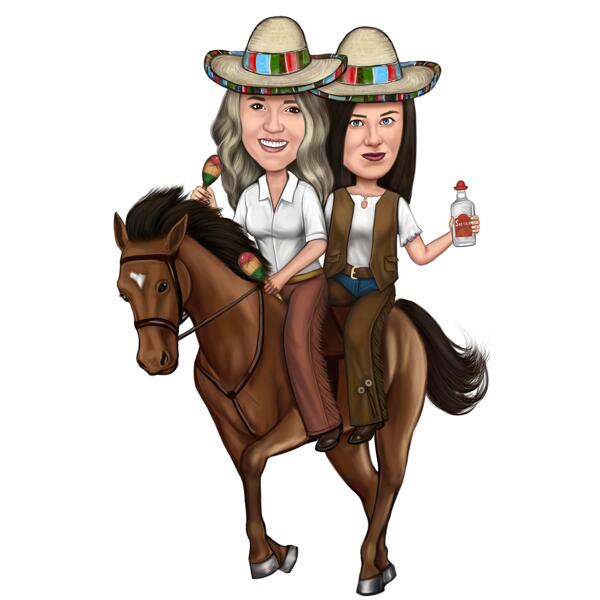Två personer som rider en häst i färgade karikatyrer Present från foton