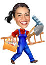 Naistöötaja karikatuur tööriistadega