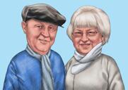 Rørende mindesmærketegneseriportræt af bedøvende bedsteforældre i farvestil med himmelblå baggrund