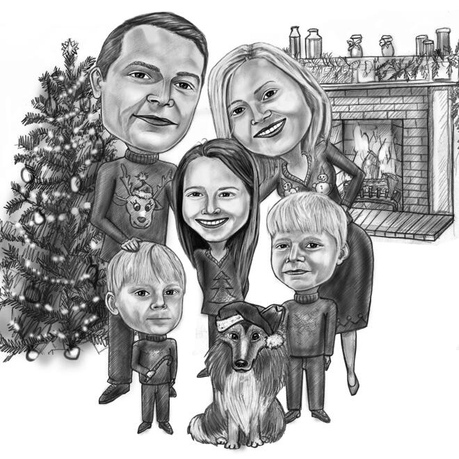 Familie julekarikaturportræt i sort og hvid stil